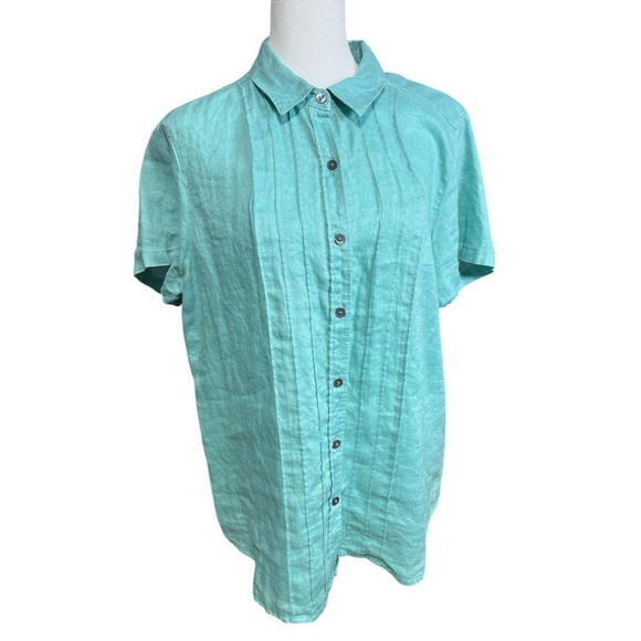 J JILL Linen Short Sleeve Button Up Blouse Summer Casual Lagenlook Coastal Teal - Picture 1 of 7